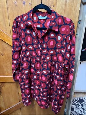 Women's Red & Pink Printed Peplum Tunic - Casual Collared Top